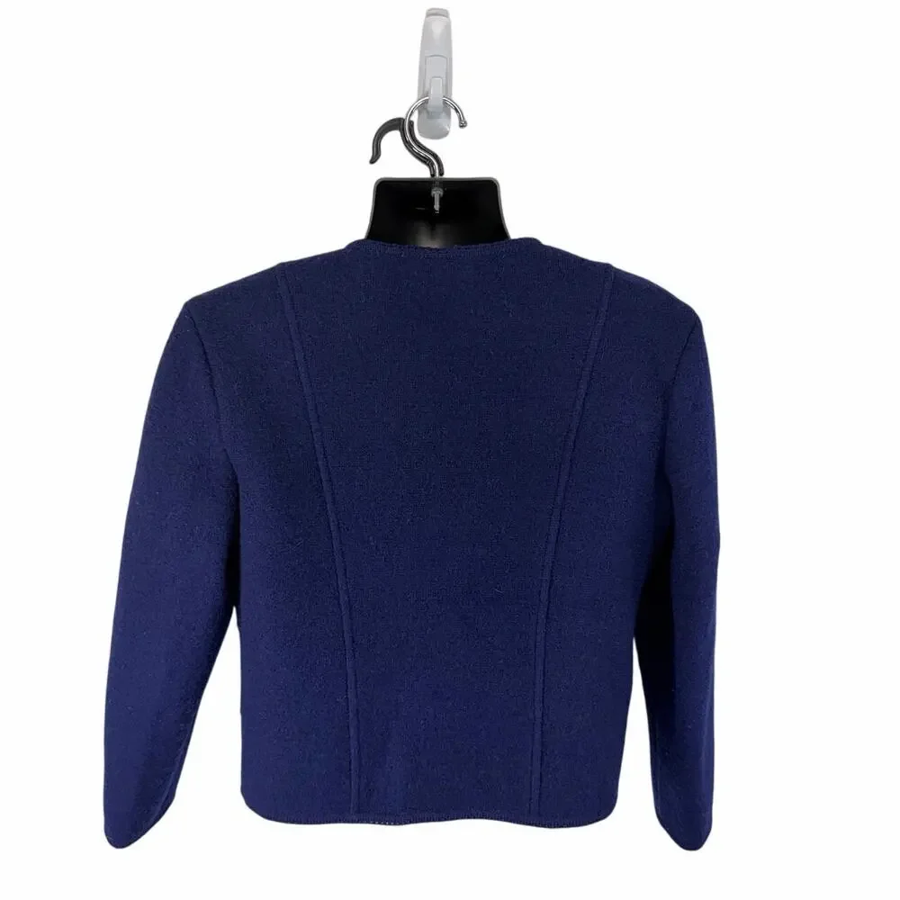 Vintage Deans of Scotland 100% Wool Knit Cardigan Navy Blue Floral Size Small - Picture 2 of 10
